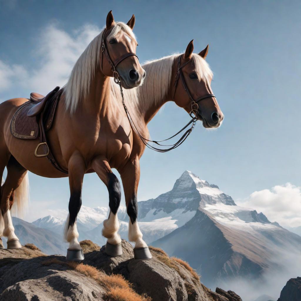  A strong horse proudly stands on the peak of a mountain with a majestic view in the background. Next to the horse is an hourglass, symbolizing the passage of time in a grand natural setting. The scene should be illuminated by soft sunlight, highlighting the horse's silhouette and the hourglass's delicate frame against the backdrop of the expansive mountain range. hyperrealistic, full body, detailed clothing, highly detailed, cinematic lighting, stunningly beautiful, intricate, sharp focus, f/1. 8, 85mm, (centered image composition), (professionally color graded), ((bright soft diffused light)), volumetric fog, trending on instagram, trending on tumblr, HDR 4K, 8K