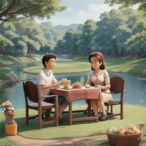  masterpiece, best quality, A family is enjoying a picnic in sunny weather. The father is grilling meat on the barbecue grill, and the mother smiles as she looks at the children playing with fruit. Flowers are in full bloom along the small river, and pleasant conversations and laughter echo in the shade of the trees.