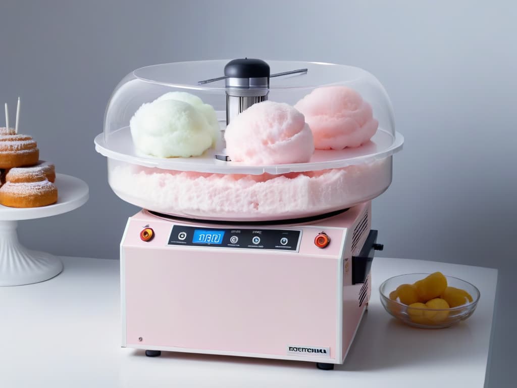  A minimalist, highresolution image showcasing a modern, sleek cotton candy machine with a soft pastel color palette. The machine is elegantly designed, with a transparent cover allowing a glimpse of fluffy cotton candy being spun inside. The background is a clean, white surface, emphasizing the simplicity and sophistication of the equipment, perfect for a creative pastry setting. hyperrealistic, full body, detailed clothing, highly detailed, cinematic lighting, stunningly beautiful, intricate, sharp focus, f/1. 8, 85mm, (centered image composition), (professionally color graded), ((bright soft diffused light)), volumetric fog, trending on instagram, trending on tumblr, HDR 4K, 8K