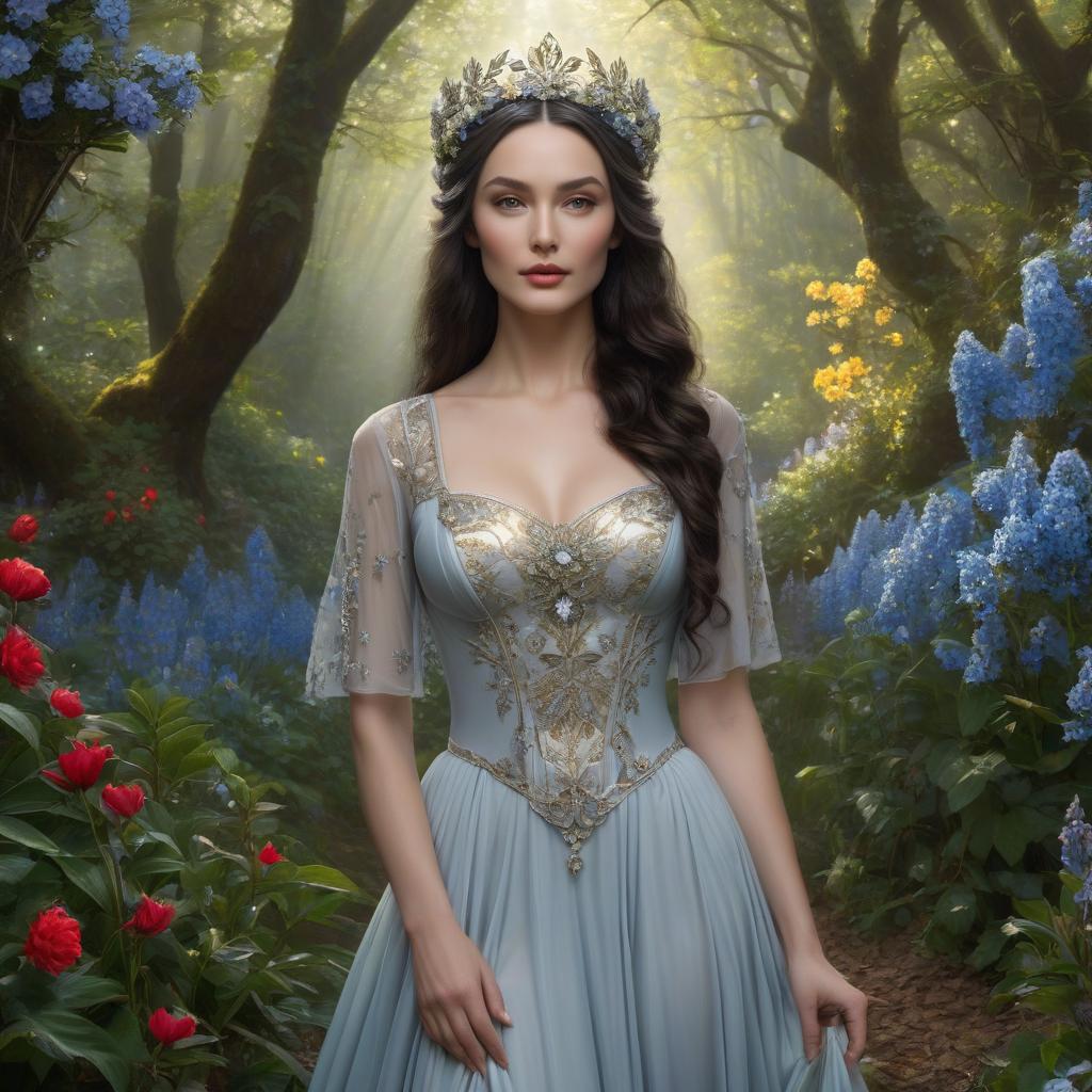  Luthien Tinuviel. A very pretty girl. Forest, silver crown on her forehead. ((Sparkling rim)): spring field, hyacinths, roses, rosehips, rose hips, peonies, cherry tree, yellow, red, black flowers, forget me nots. hyperrealistic, full body, detailed clothing, highly detailed, cinematic lighting, stunningly beautiful, intricate, sharp focus, f/1. 8, 85mm, (centered image composition), (professionally color graded), ((bright soft diffused light)), volumetric fog, trending on instagram, trending on tumblr, HDR 4K, 8K