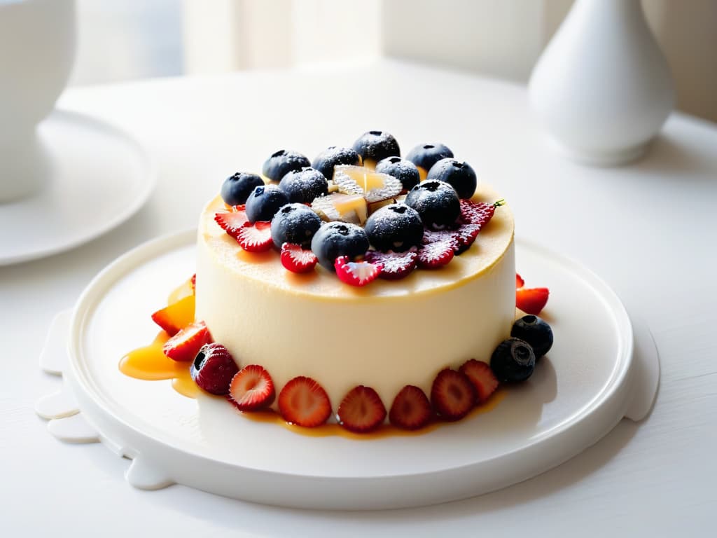  A minimalist and elegant image of a perfectly sliced piece of healthy cheesecake on a pristine white plate, garnished with fresh berries and a drizzle of honey. The cheesecake is set against a softfocus background of a modern kitchen, with natural light gently illuminating the dessert, highlighting its creamy texture and rich, golden crust. hyperrealistic, full body, detailed clothing, highly detailed, cinematic lighting, stunningly beautiful, intricate, sharp focus, f/1. 8, 85mm, (centered image composition), (professionally color graded), ((bright soft diffused light)), volumetric fog, trending on instagram, trending on tumblr, HDR 4K, 8K