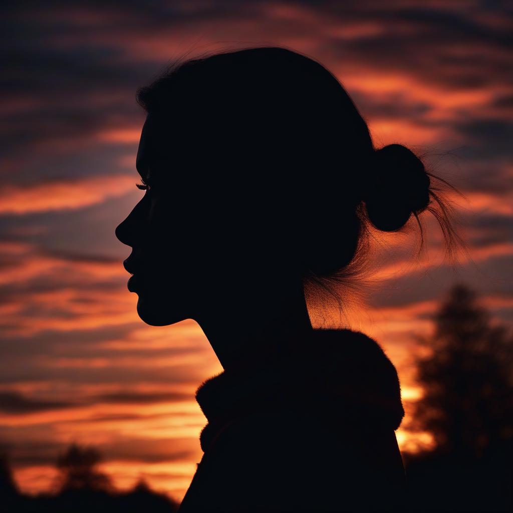  A silhouette of a girl in the darkness gazes at the sky during sunset, the nightly heavens [ны Knightly in the dark gazing at the sky during sunset, the nocturnal heavens] **Note** There seems to be a typo or error in the original input, "ны" (?). So, I came up with a more natural phrasing instead. hyperrealistic, full body, detailed clothing, highly detailed, cinematic lighting, stunningly beautiful, intricate, sharp focus, f/1. 8, 85mm, (centered image composition), (professionally color graded), ((bright soft diffused light)), volumetric fog, trending on instagram, trending on tumblr, HDR 4K, 8K