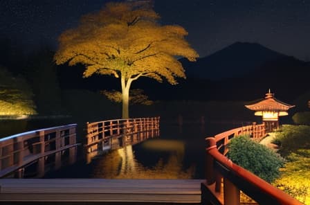  masterpiece, best quality, (Fidelity: 1.4), Best Quality, Masterpiece, Ultra High Resolution, 8k resolution, A night view inspired by Japanese art, featuring a garden illuminated by paper lanterns and a wooden bridge spanning a tranquil lake, by the lakeside, there is a small Zen temple. The water reflects the starry sky.