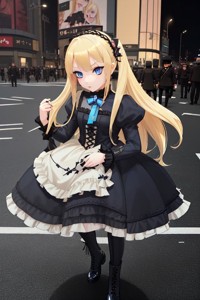  Beautiful girl,Masterpiece ((blonde hair,blue eyes)) military style gothic lolita fashion, in front of Shibuya station,high quality,8K,16k