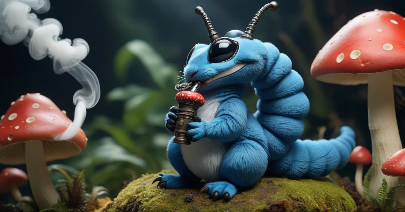  The pretty blue caterpillar sits on the cap of a mushroom and smokes a hookah through a pipe. hyperrealistic, full body, detailed clothing, highly detailed, cinematic lighting, stunningly beautiful, intricate, sharp focus, f/1. 8, 85mm, (centered image composition), (professionally color graded), ((bright soft diffused light)), volumetric fog, trending on instagram, trending on tumblr, HDR 4K, 8K