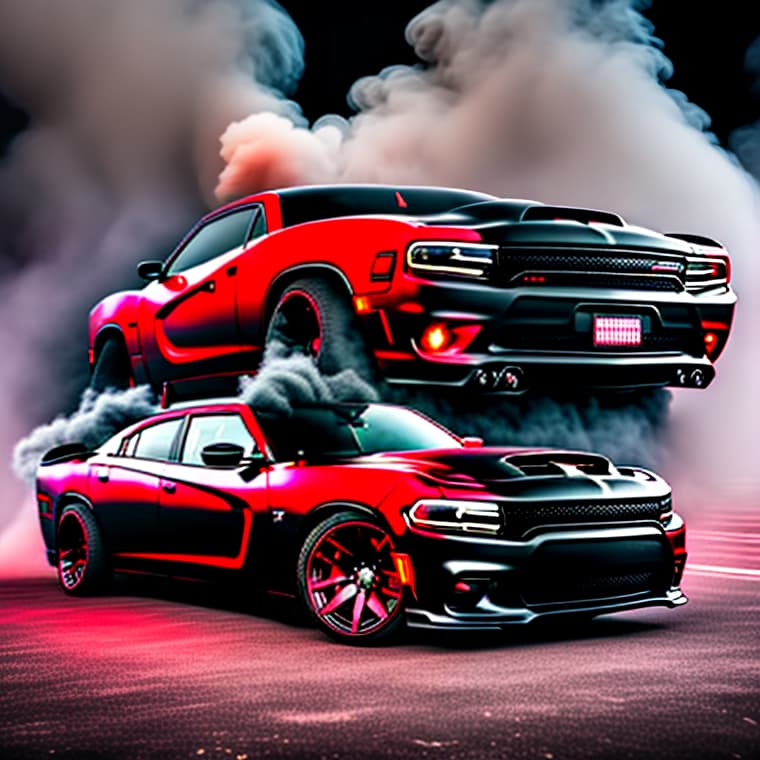 estilovintedois a black Dodge Charger Demon with red front lights in the nights with smoke in the night