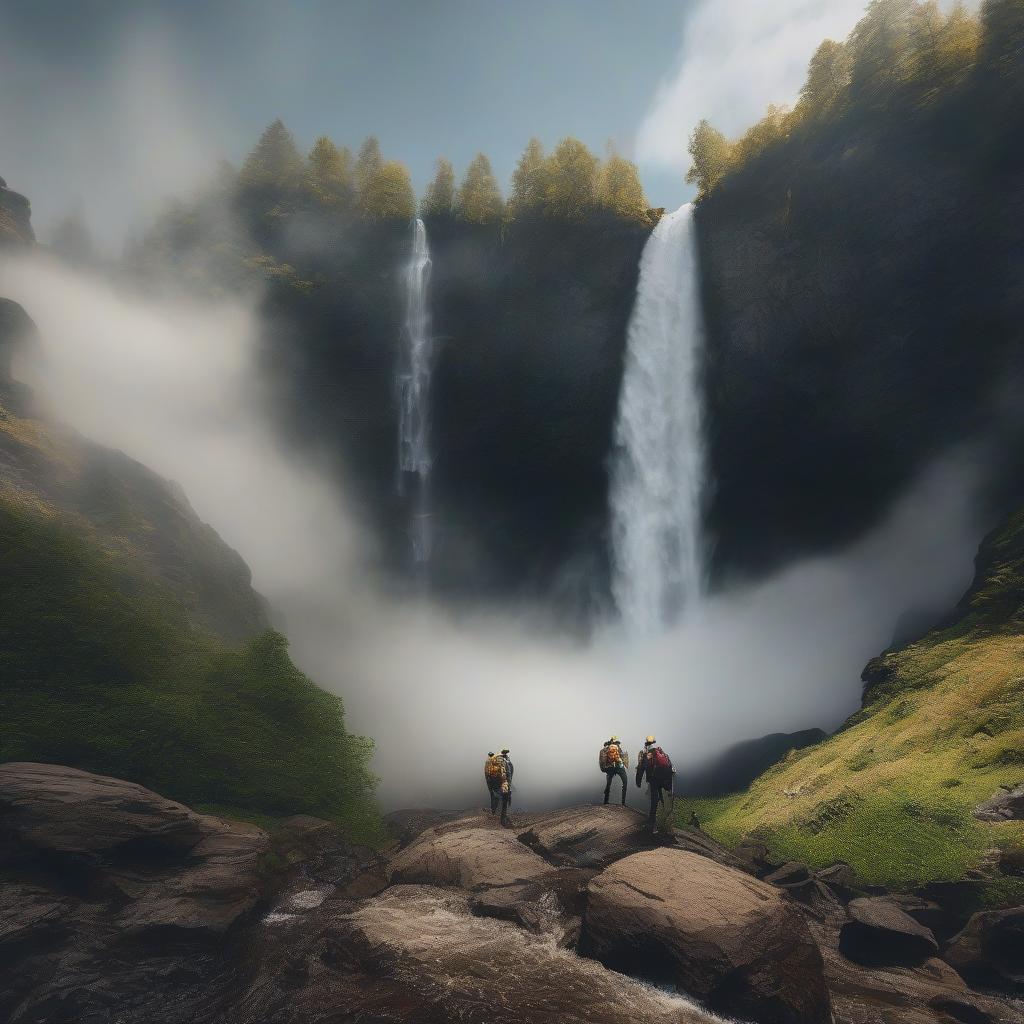  A huge waterfall. hyperrealistic, full body, detailed clothing, highly detailed, cinematic lighting, stunningly beautiful, intricate, sharp focus, f/1. 8, 85mm, (centered image composition), (professionally color graded), ((bright soft diffused light)), volumetric fog, trending on instagram, trending on tumblr, HDR 4K, 8K