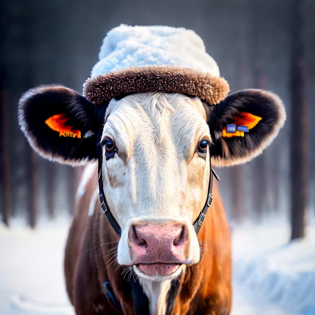  A cow in a winter hat ,highly detailed, cinematic lighting, stunningly beautiful, intricate, sharp focus, f1. 8, 85mm, (centered image composition), (professionally color graded), ((bright soft diffused light)), volumetric fog, trending on instagram, trending on tumblr, HDR 4K, 8K