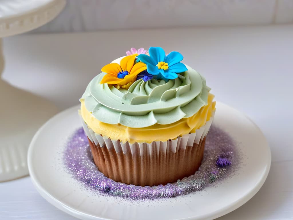  A closeup, ultradetailed shot of an intricately decorated cupcake featuring vibrant frosting swirls in pastel colors, delicate edible flowers, and shimmering edible glitter dust, presented on a pristine white porcelain plate against a softfocus background that enhances the intricate details of the dessert. hyperrealistic, full body, detailed clothing, highly detailed, cinematic lighting, stunningly beautiful, intricate, sharp focus, f/1. 8, 85mm, (centered image composition), (professionally color graded), ((bright soft diffused light)), volumetric fog, trending on instagram, trending on tumblr, HDR 4K, 8K