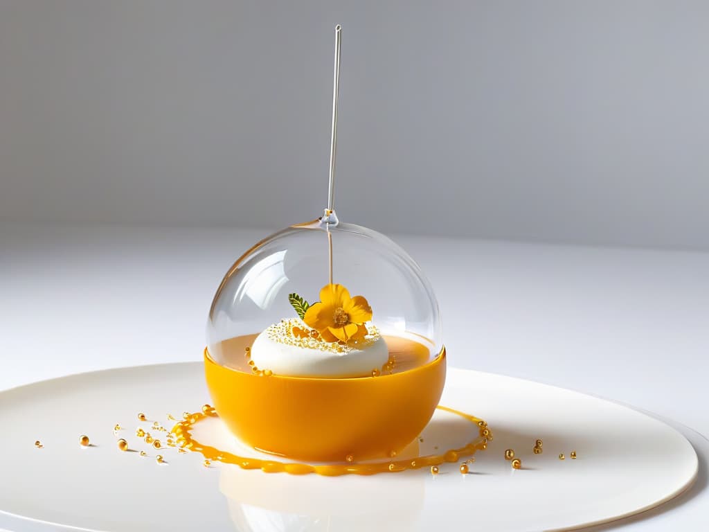  An ultradetailed closeup image of a delicate spherical dessert suspended midair with a clear gellike substance dripping slowly from its surface, showcasing the intricate molecular structure and innovative techniques used in molecular gastronomy. The dessert is elegantly garnished with tiny edible flowers and shimmering gold flakes, set against a stark white background to emphasize its futuristic and minimalist aesthetic. hyperrealistic, full body, detailed clothing, highly detailed, cinematic lighting, stunningly beautiful, intricate, sharp focus, f/1. 8, 85mm, (centered image composition), (professionally color graded), ((bright soft diffused light)), volumetric fog, trending on instagram, trending on tumblr, HDR 4K, 8K