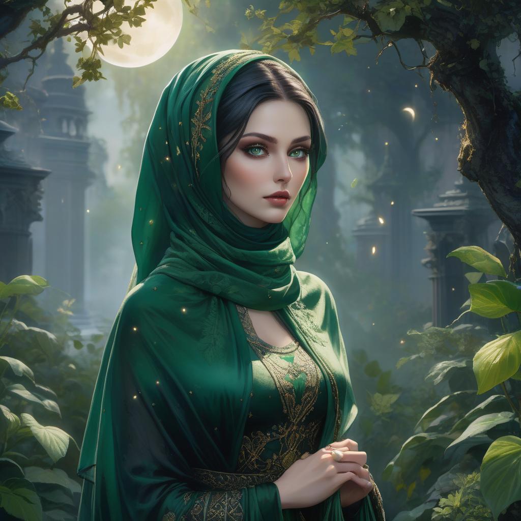  gothic style In a garden of emerald, a vision serene, A lady in green, a living dream. A headscarf of jade, gracefully tied, Like nature's embrace, where beauty resides. Her eyes, deep pools of verdant grace, Reflect the hues of a tranquil space. In shades of moss, her attire weaves, A tapestry of calm, like rustling leaves. mystical watercolor painting girl with deep green eyes, green head scarf and shawl, at mysticaldark deep dark black night, full moon, stars, flow, watercolor, detailed matte painting, deep color, fantastical, intricate detail, splash screen, complementary colors, fantasy concept art, 8k resolution trending on Artstation Unreal Engine 5 . dark, mysterious, haunting, dramatic, ornate, detailed hyperrealistic, full body, detailed clothing, highly detailed, cinematic lighting, stunningly beautiful, intricate, sharp focus, f/1. 8, 85mm, (centered image composition), (professionally color graded), ((bright soft diffused light)), volumetric fog, trending on instagram, trending on tumblr, HDR 4K, 8K