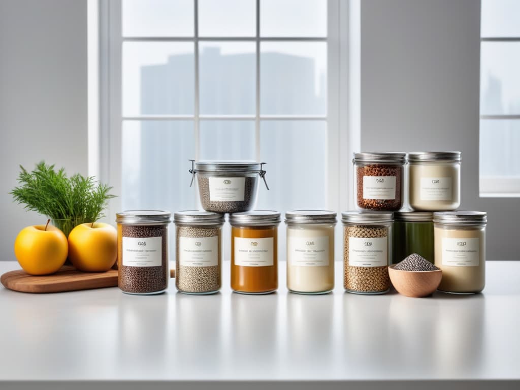  An ultradetailed image of a sophisticated, futuristic kitchen countertop filled with an array of innovative vegan baking ingredients neatly organized in sleek, minimalist containers. The assortment includes aquafaba, flaxseed meal, silken tofu, apple sauce, and chia seeds, each labeled with elegant, modern typography. Soft natural light filters through a nearby window, casting a gentle glow on the ingredients, highlighting their textures and vibrant colors. The overall aesthetic is clean, hightech, and visually appealing, emphasizing the theme of cuttingedge vegan baking alternatives. hyperrealistic, full body, detailed clothing, highly detailed, cinematic lighting, stunningly beautiful, intricate, sharp focus, f/1. 8, 85mm, (centered image composition), (professionally color graded), ((bright soft diffused light)), volumetric fog, trending on instagram, trending on tumblr, HDR 4K, 8K
