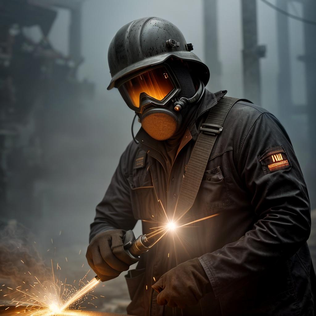  A 8K cinematic depiction of an industrial workplace, with an in depth focus on the hard work and skills of the workers. The scene should feature a dramatic depiction of labor, such as welding, with sparks and smoke creating visually impressive effects. The setting should be lit with a strategic use of light and shadow, emphasizing the harsh working conditions through heavy, atmospheric shadows and directional light sources that give the workshop a rough and rugged feel. The image should be captured as if shot through a high end camera with a wide aperture lens, creating a shallow depth of field that keeps the subject in focus while subtly blurring the background. This contributes to isolating the workers within their harsh environment. The hyperrealistic, full body, detailed clothing, highly detailed, cinematic lighting, stunningly beautiful, intricate, sharp focus, f/1. 8, 85mm, (centered image composition), (professionally color graded), ((bright soft diffused light)), volumetric fog, trending on instagram, trending on tumblr, HDR 4K, 8K