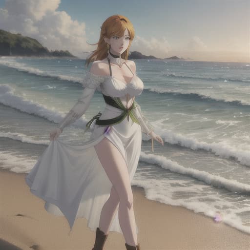  green eyed anime girl on the beach hyperrealistic, full body, detailed clothing, highly detailed, cinematic lighting, stunningly beautiful, intricate, sharp focus, f/1. 8, 85mm, (centered image composition), (professionally color graded), ((bright soft diffused light)), volumetric fog, trending on instagram, trending on tumblr, HDR 4K, 8K