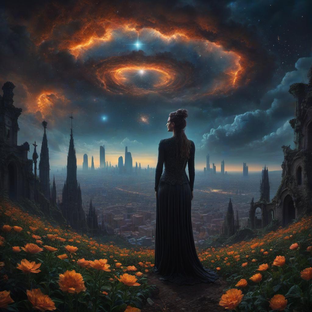  (stylized by Tomasz Alen Kopera:1.3) , dark art, dense flower field and Perseid meteor in background, landscape of a (Barcelona:1.2) , very Bizarre and 1600'S, Hurricane, Glitchcore, Amaro, layered textures, ornate, intricate artistic color, complimentary colors, very inspirational, atmosphere, fine artistic composition, sunny, theatrical hyperrealistic, full body, detailed clothing, highly detailed, cinematic lighting, stunningly beautiful, intricate, sharp focus, f/1. 8, 85mm, (centered image composition), (professionally color graded), ((bright soft diffused light)), volumetric fog, trending on instagram, trending on tumblr, HDR 4K, 8K