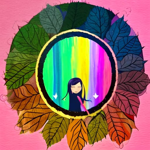  A circle where a girl has hair in rainbow color with different color of leaves and straight posture