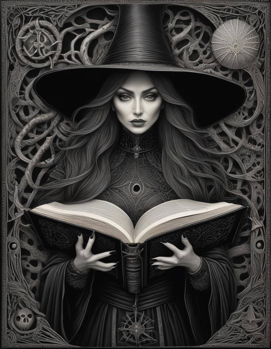  Sandra Silberzweig, Naoto Hattori, zentangle painting, black and white illustrations, line art, Illustration, surrealism and symbolism by Gertrude Abercrombie, image: a large scary witchcraft book bound in leather with witchcraft symbols lies in front of a witch in a tall pointed hat, wearing black lace dress. The witch's fingers have long claws. The background is mandrake plants and strange creatures, an atmosphere of danger. Best quality, marked as a masterpiece in the fantasy genre, mysticism, good detail, good drawing, clear contours, good mood. B. Kliban, Benjamin Lacombe, Jasmine Beckett Griffith, hyperrealistic, full body, detailed clothing, highly detailed, cinematic lighting, stunningly beautiful, intricate, sharp focus, f/1. 8, 85mm, (centered image composition), (professionally color graded), ((bright soft diffused light)), volumetric fog, trending on instagram, trending on tumblr, HDR 4K, 8K