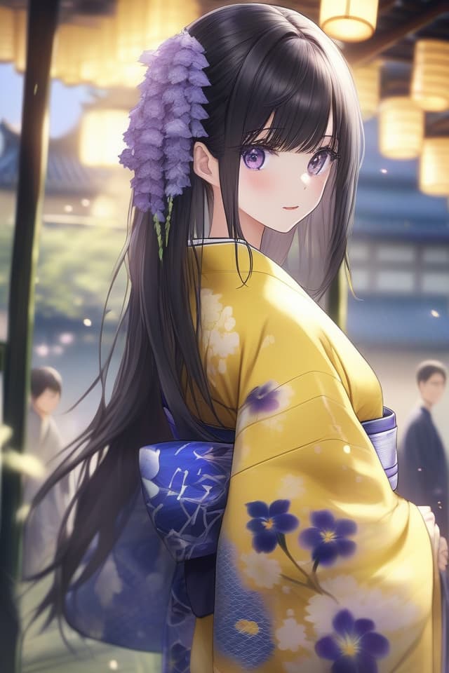  One girl, long hair (Mainly Kimono), Beautiful Girl with Black Hair, Masterpiece, (YELLOW KIMONO ITH BLUE IRIS Pattern), Long Furisode Kimono, Purple Obi, Night Garden , High Quality, 8k, 16k