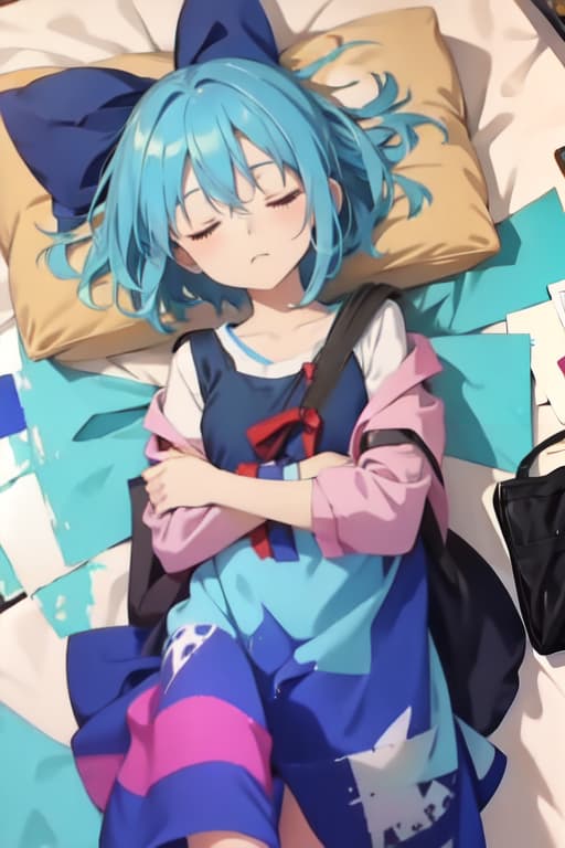  Cirno in a sleeping bag, watercolor painting