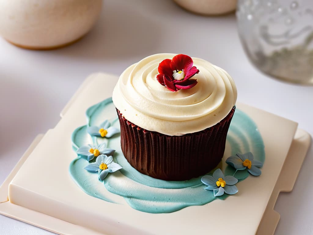  A closeup, ultradetailed image of a beautifully decorated sugarfree cupcake, topped with a delicate swirl of lowsugar frosting and a single fresh raspberry, placed on a sleek, modern plate. The cupcake is intricately adorned with tiny edible flowers made from sugarfree fondant, showcasing the artistry and creativity that can be achieved in diabeticfriendly baking. The lighting is soft yet highlights the textures and colors of the cupcake, creating a visually stunning and appetizing image that perfectly complements the informative yet inspiring content of the article. hyperrealistic, full body, detailed clothing, highly detailed, cinematic lighting, stunningly beautiful, intricate, sharp focus, f/1. 8, 85mm, (centered image composition), (professionally color graded), ((bright soft diffused light)), volumetric fog, trending on instagram, trending on tumblr, HDR 4K, 8K