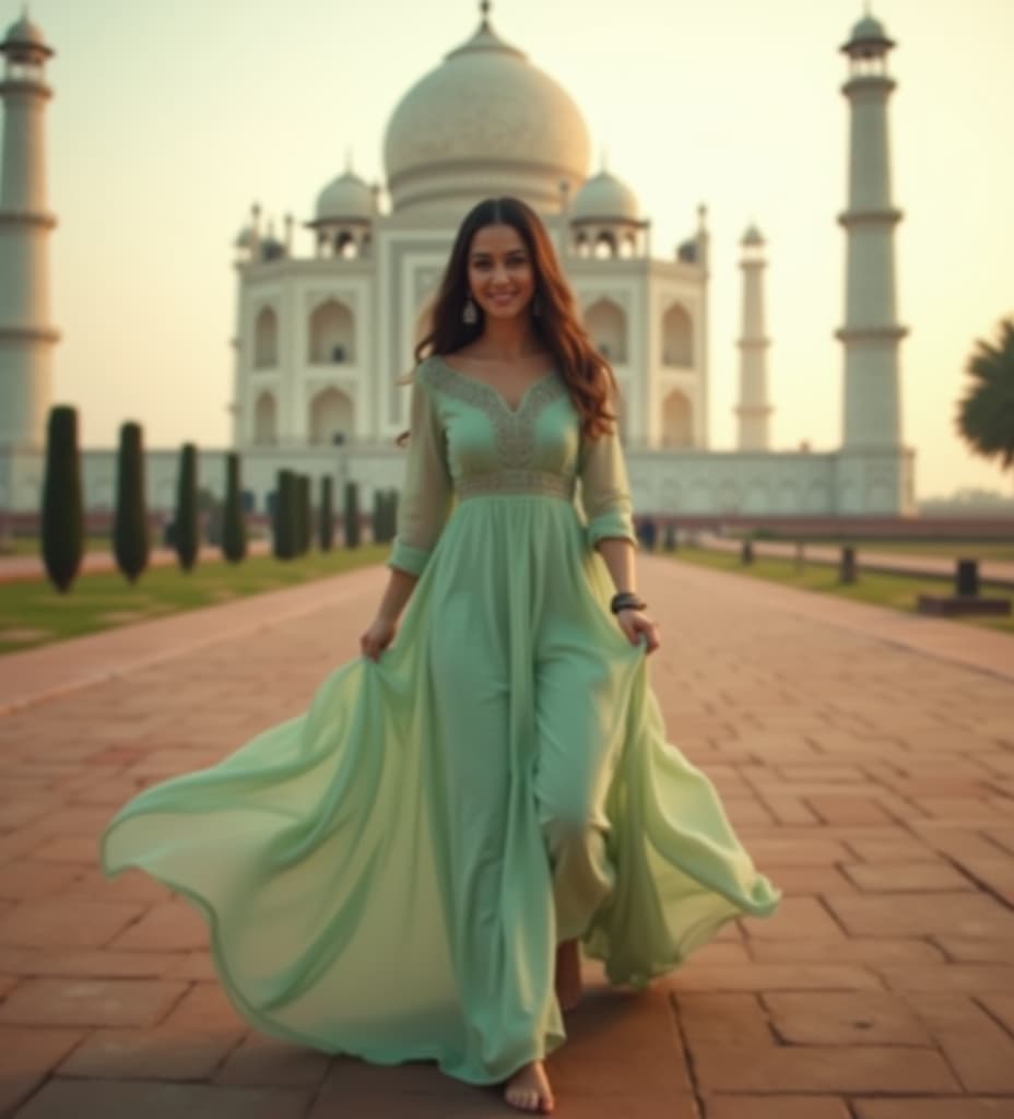  good quality, high quality, a low angle shot. an indian woman wearing a light green kameez is lowered and looking towards the camera, creating a dynamic and immersive perspective. taj mahal with dusky atmosphere in the background. the focus is on the woman, with a slight blur on the background to enhance depth. the lighting is natural, casting soft shadows and enhancing the serene, airy mood. a ground level view emphasizes her movement and expression, conveying a sense of freedom and elegance.