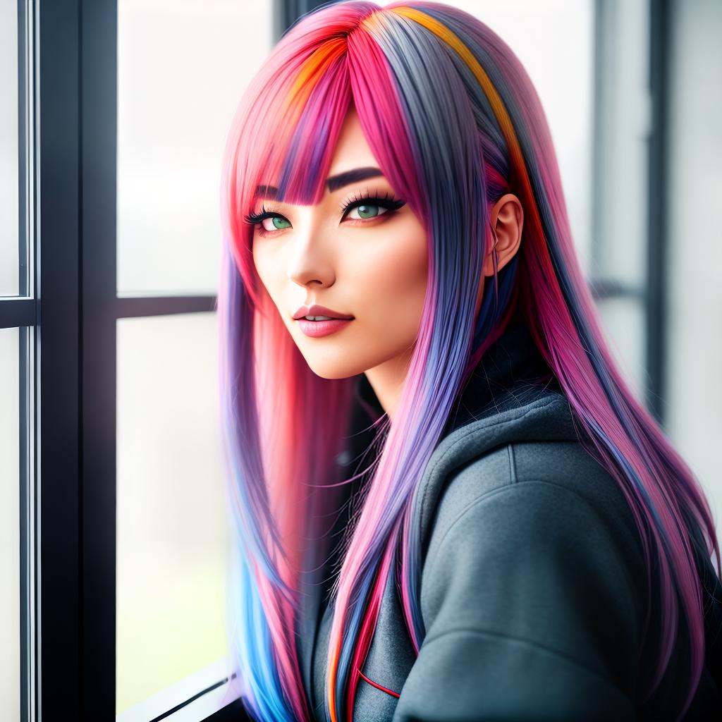  anime tyan with multicolored hair and gray clothes looks thoughtfully at the light from the window, RTX, full hd, detailed hyperrealistic, full body, detailed clothing, highly detailed, cinematic lighting, stunningly beautiful, intricate, sharp focus, f/1. 8, 85mm, (centered image composition), (professionally color graded), ((bright soft diffused light)), volumetric fog, trending on instagram, trending on tumblr, HDR 4K, 8K