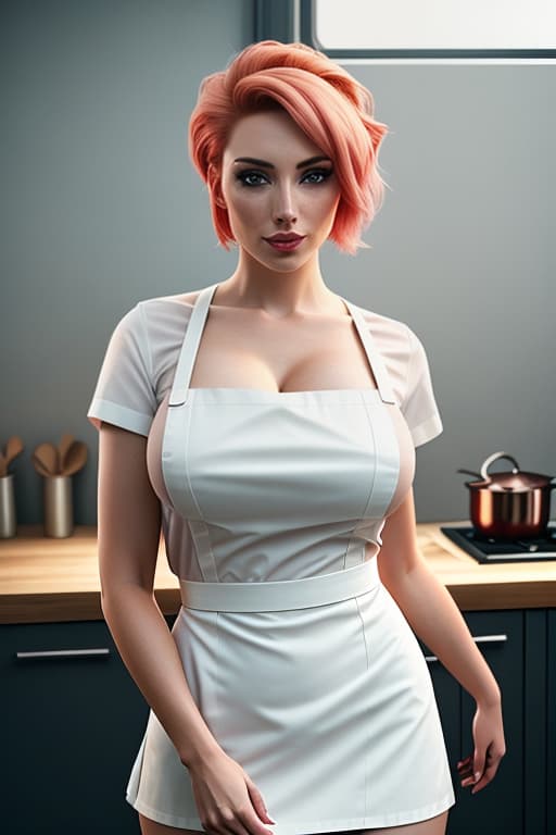 a closeup portrait of a playful maid, undercut hair, apron, amazing body, pronounced feminine feature, busty, kitchen, [ash blonde | ginger | pink hair], freckles, flirting with camera, no wearing clothes, standing naked, front view, pussy open hyperrealistic, full body, detailed clothing, highly detailed, cinematic lighting, stunningly beautiful, intricate, sharp focus, f/1. 8, 85mm, (centered image composition), (professionally color graded), ((bright soft diffused light)), volumetric fog, trending on instagram, trending on tumblr, HDR 4K, 8K