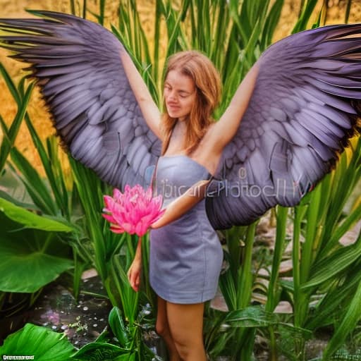 lnkdn photography Imagen realista de una hermosa hada con alas de libélula sobre una bella flor de loto rosada