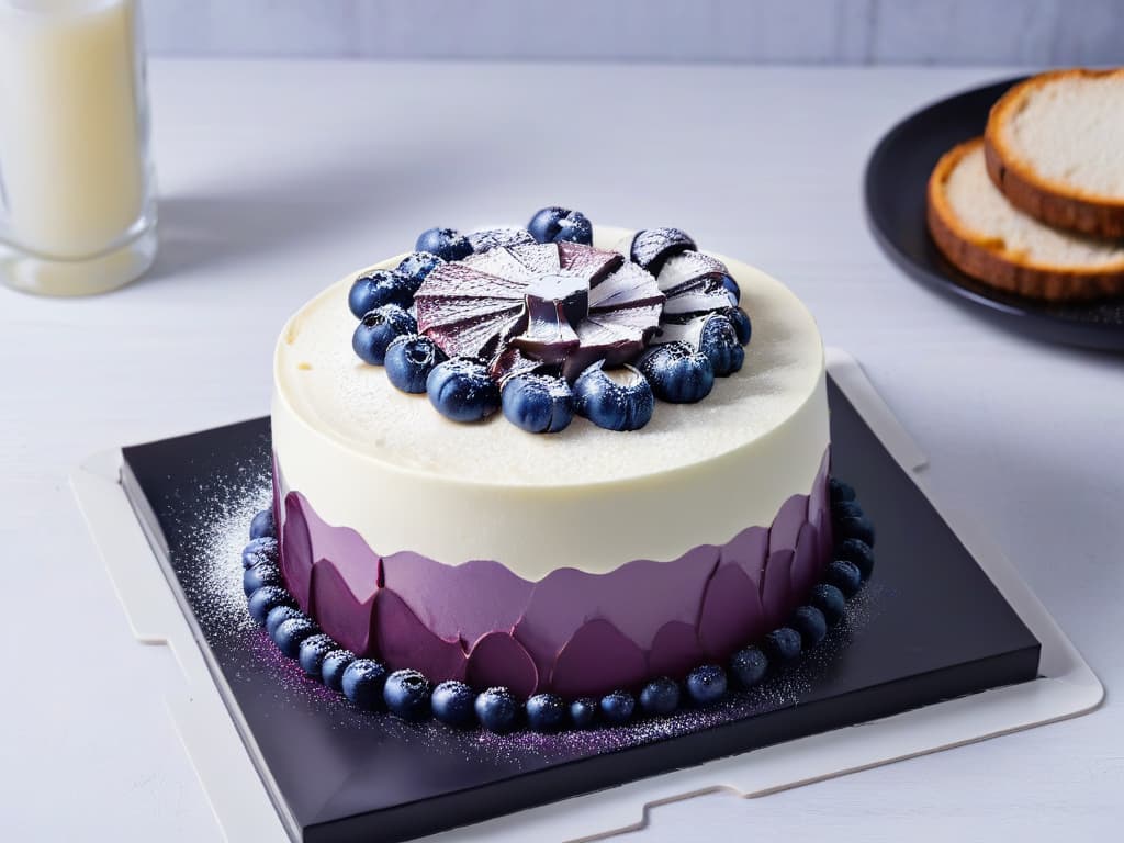  An image of a delicate white vanilla cake sitting on a sleek black plate, topped with a dollop of vibrant blueberry coulis that elegantly swirls into shades of purple and pink, creating a mesmerizing colorchanging effect. The cake is garnished with shimmering edible silver flakes, enhancing the magical and molecular aspect of the dessert. The background is a soft focus on a modern, minimalist kitchen setting, with clean lines and subtle lighting that highlights the color transformation of the dessert. hyperrealistic, full body, detailed clothing, highly detailed, cinematic lighting, stunningly beautiful, intricate, sharp focus, f/1. 8, 85mm, (centered image composition), (professionally color graded), ((bright soft diffused light)), volumetric fog, trending on instagram, trending on tumblr, HDR 4K, 8K