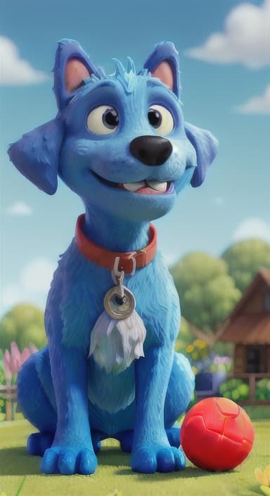  {Max carefully picking up the ball with his teeth without disturbing the flowers, The big blue dog is large with sky blue fur, big round eyes, a black nose, and floppy ears.