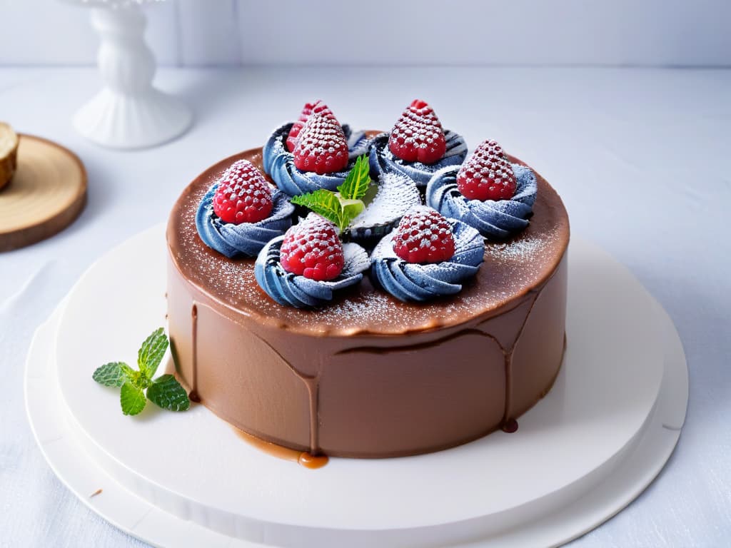  A closeup, ultradetailed image of a decadent, nobake chocolate cheesecake with a smooth, glossy finish. The cheesecake is topped with fresh raspberries and mint leaves, beautifully arranged on a sleek, white marble serving platter. The texture of the creamy cheesecake contrasts with the vibrant colors of the toppings, creating a visually striking and mouthwatering dessert image. hyperrealistic, full body, detailed clothing, highly detailed, cinematic lighting, stunningly beautiful, intricate, sharp focus, f/1. 8, 85mm, (centered image composition), (professionally color graded), ((bright soft diffused light)), volumetric fog, trending on instagram, trending on tumblr, HDR 4K, 8K