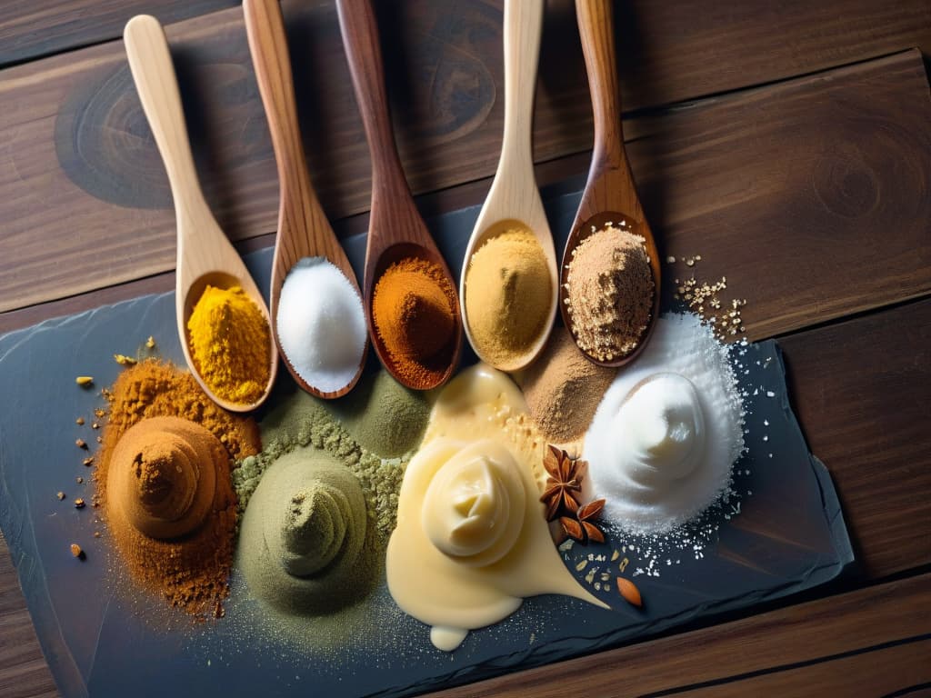  A closeup, highresolution image of various types of gourmet special sugars elegantly displayed on small, individual wooden spoons against a clean, white backdrop. Each sugar variety is carefully labeled with handwritten calligraphy, showcasing their unique textures and colors, from golden panela to delicate coconut sugar. The soft natural lighting highlights the intricate details of the sugars, creating a visually appealing and informative composition for the article. hyperrealistic, full body, detailed clothing, highly detailed, cinematic lighting, stunningly beautiful, intricate, sharp focus, f/1. 8, 85mm, (centered image composition), (professionally color graded), ((bright soft diffused light)), volumetric fog, trending on instagram, trending on tumblr, HDR 4K, 8K