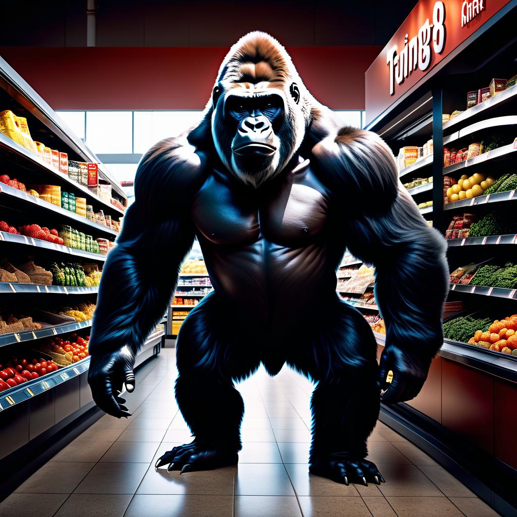  hyperrealistic art full height, evil big gorilla, destroys the grocery store, scatters the food . extremely high resolution details, photographic, realism pushed to extreme, fine texture, incredibly lifelike hyperrealistic, full body, detailed clothing, highly detailed, cinematic lighting, stunningly beautiful, intricate, sharp focus, f/1. 8, 85mm, (centered image composition), (professionally color graded), ((bright soft diffused light)), volumetric fog, trending on instagram, trending on tumblr, HDR 4K, 8K