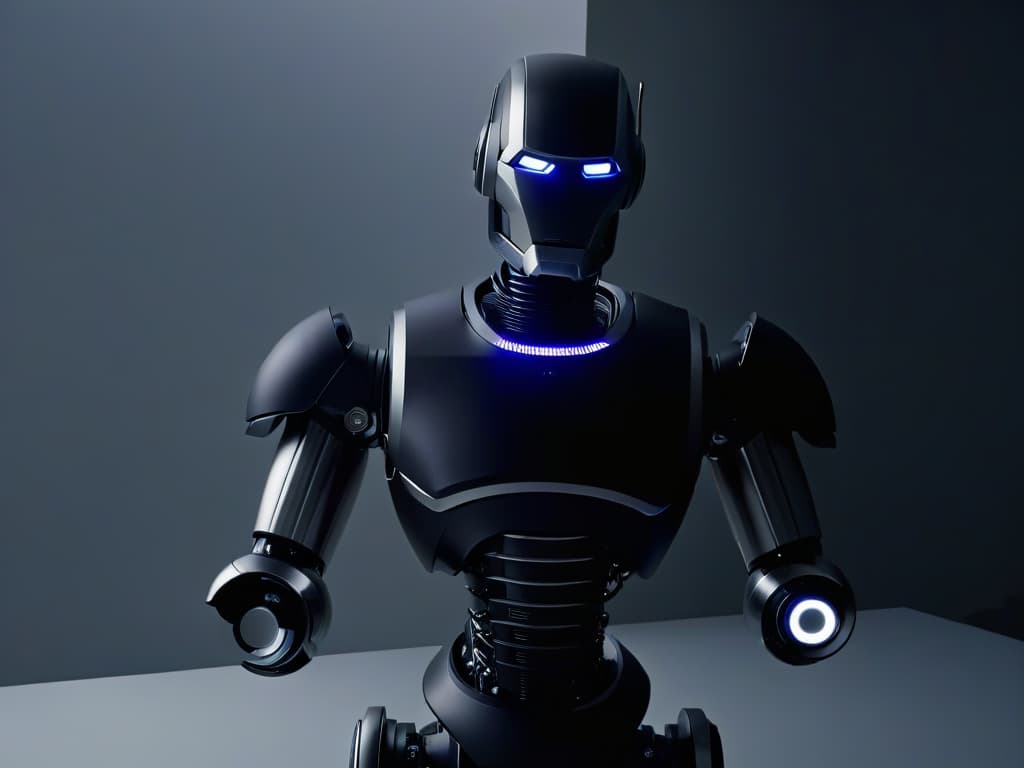  A closeup, ultradetailed image of a sleek, modern premium kitchen robot in matte black finish, showcasing intricate stainless steel attachments gleaming under soft ambient lighting. hyperrealistic, full body, detailed clothing, highly detailed, cinematic lighting, stunningly beautiful, intricate, sharp focus, f/1. 8, 85mm, (centered image composition), (professionally color graded), ((bright soft diffused light)), volumetric fog, trending on instagram, trending on tumblr, HDR 4K, 8K