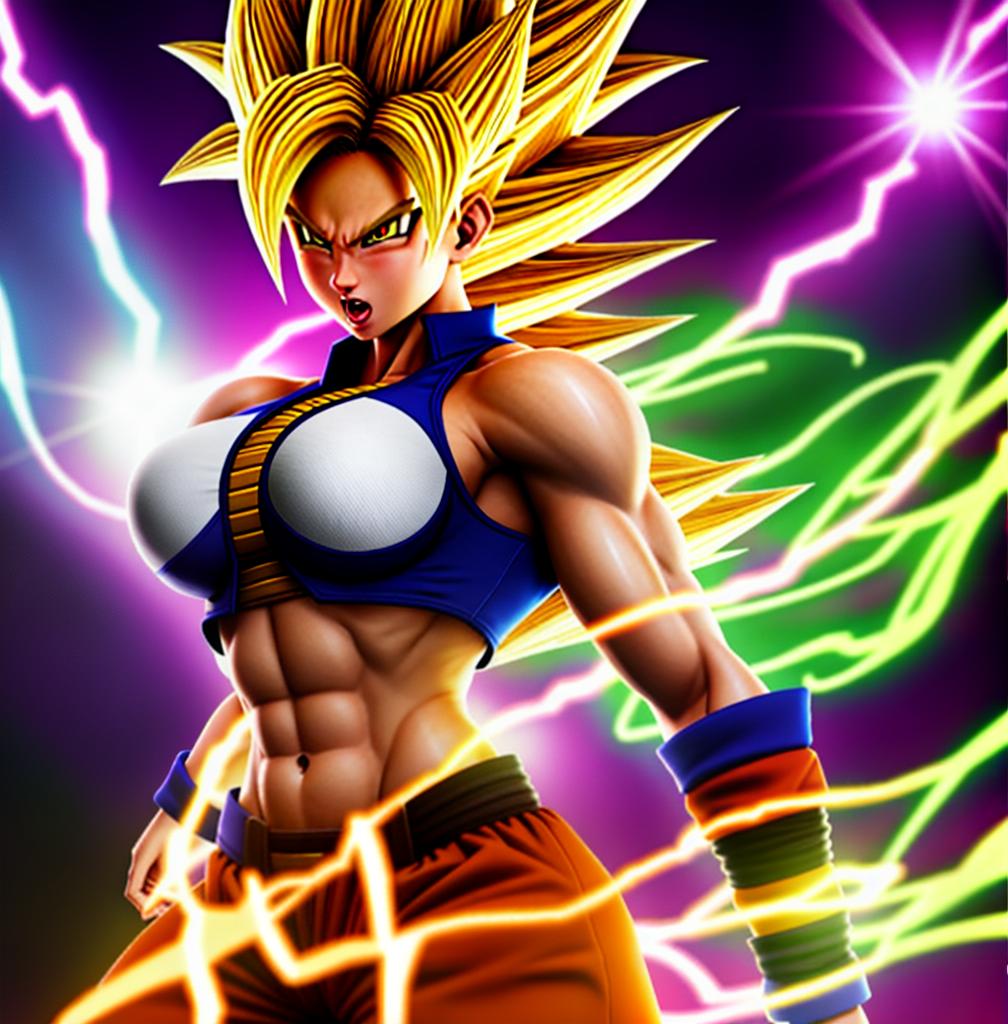  ((foto de cuerpo completo, pie plano, cuerpo recto)), ((laura {Super Super Saiyan mujer con grandes pechos})), ((lleva puesto son goku+Los disfraces de ella son extremadamente ajustados a su cuerpo.))