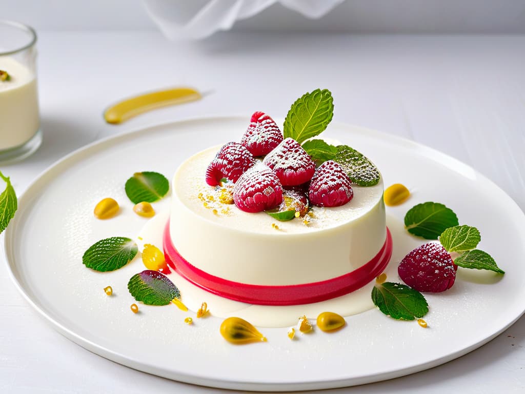  A closeup, ultradetailed image of a perfectly plated Panna Cotta Fit dessert, showcasing layers of creamy vanilla bean panna cotta topped with a vibrant raspberry coulis and fresh mint leaves, all elegantly arranged on a sleek, white ceramic plate. The dessert is garnished with delicate edible flowers and a sprinkle of pistachio crumbs, creating a visually stunning and appetizing composition that exudes sophistication and culinary artistry. hyperrealistic, full body, detailed clothing, highly detailed, cinematic lighting, stunningly beautiful, intricate, sharp focus, f/1. 8, 85mm, (centered image composition), (professionally color graded), ((bright soft diffused light)), volumetric fog, trending on instagram, trending on tumblr, HDR 4K, 8K