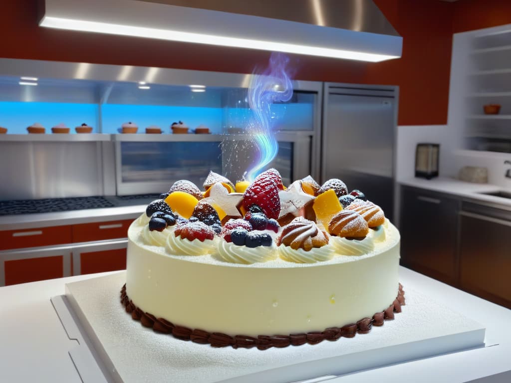  A photorealistic image of a modern kitchen with holographic displays of intricate dessert recipes floating in the air, showcasing the fusion of augmented reality technology with traditional baking methods. The kitchen is sleek and futuristic, with stainless steel appliances and a minimalist design, while the holographic images of cakes, pastries, and cookies add a touch of magic and innovation to the scene. The lighting is soft and warm, creating a cozy yet hightech atmosphere that embodies the concept of augmented reality in pastry making. hyperrealistic, full body, detailed clothing, highly detailed, cinematic lighting, stunningly beautiful, intricate, sharp focus, f/1. 8, 85mm, (centered image composition), (professionally color graded), ((bright soft diffused light)), volumetric fog, trending on instagram, trending on tumblr, HDR 4K, 8K