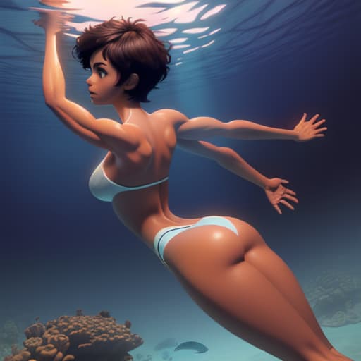  tanned woman with short hair walking underwater she looks up her arms are reach up her giant muscular booty and legs are very heavy view from the back