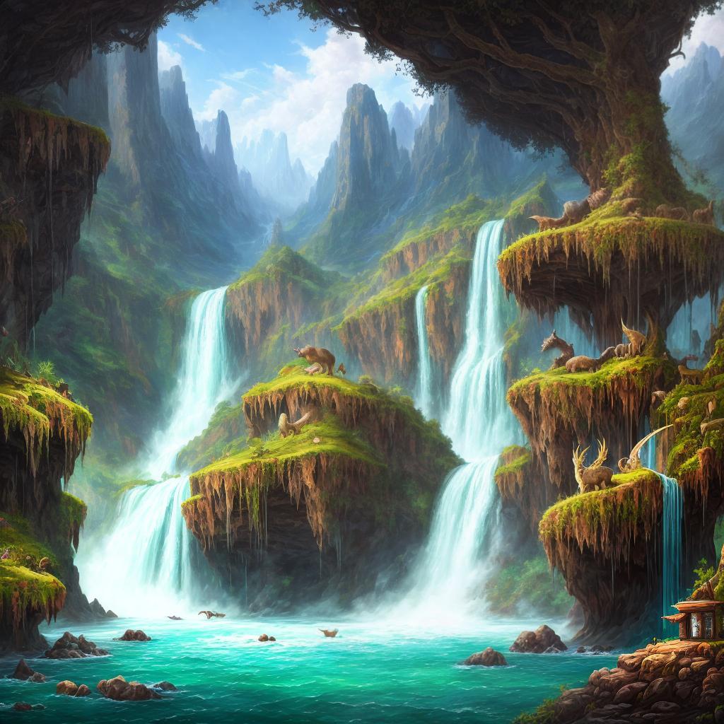  in a fantasy setting, Paint a surreal landscape where mythical beasts roam amidst cascading waterfalls.