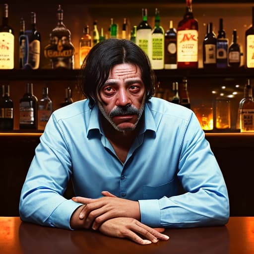  a drunk man in a bar with 14 empty glasses on the table his eyes are dark and empty ，