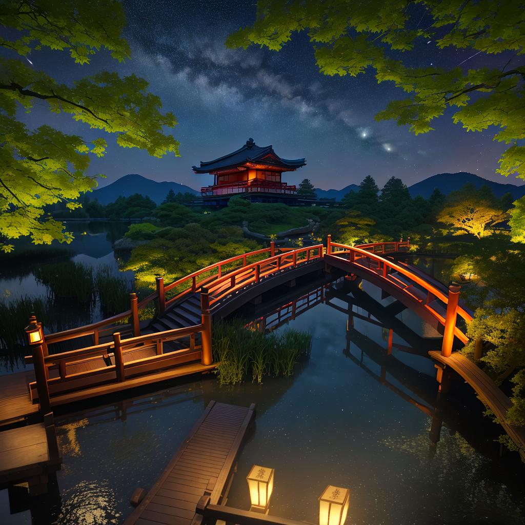  masterpiece, best quality, (Fidelity: 1.4), Best Quality, Masterpiece, Ultra High Resolution, 8k resolution, A night view inspired by Japanese art, featuring a garden illuminated by paper lanterns and a wooden bridge spanning a tranquil lake, by the lakeside, there is a small Zen temple. The water reflects the starry sky.