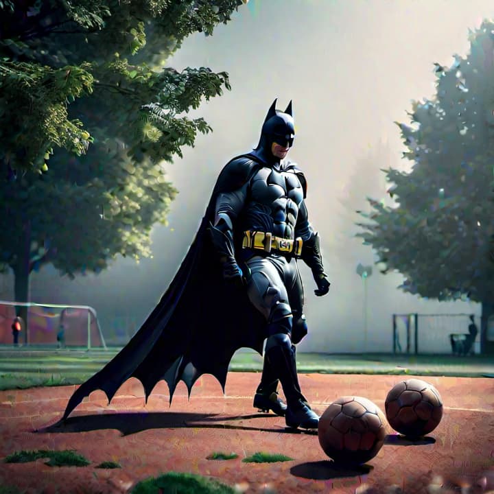  Batman is playing soccer on the playground hyperrealistic, full body, detailed clothing, highly detailed, cinematic lighting, stunningly beautiful, intricate, sharp focus, f/1. 8, 85mm, (centered image composition), (professionally color graded), ((bright soft diffused light)), volumetric fog, trending on instagram, trending on tumblr, HDR 4K, 8K