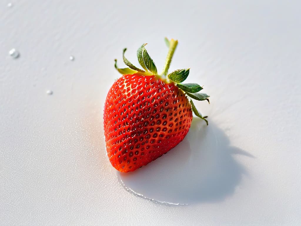  A closeup, ultradetailed image of a perfectly ripe, vibrant red strawberry with glistening droplets of water on its surface, set against a stark white background. The strawberry is flawlessly symmetrical, showcasing every tiny seed on its surface, and the water droplets refract the light, creating a sparkling effect. The minimalistic composition highlights the natural beauty and freshness of the fruit, making it an enticing focal point for the article on creating unique desserts with Fair Trade ingredients. hyperrealistic, full body, detailed clothing, highly detailed, cinematic lighting, stunningly beautiful, intricate, sharp focus, f/1. 8, 85mm, (centered image composition), (professionally color graded), ((bright soft diffused light)), volumetric fog, trending on instagram, trending on tumblr, HDR 4K, 8K