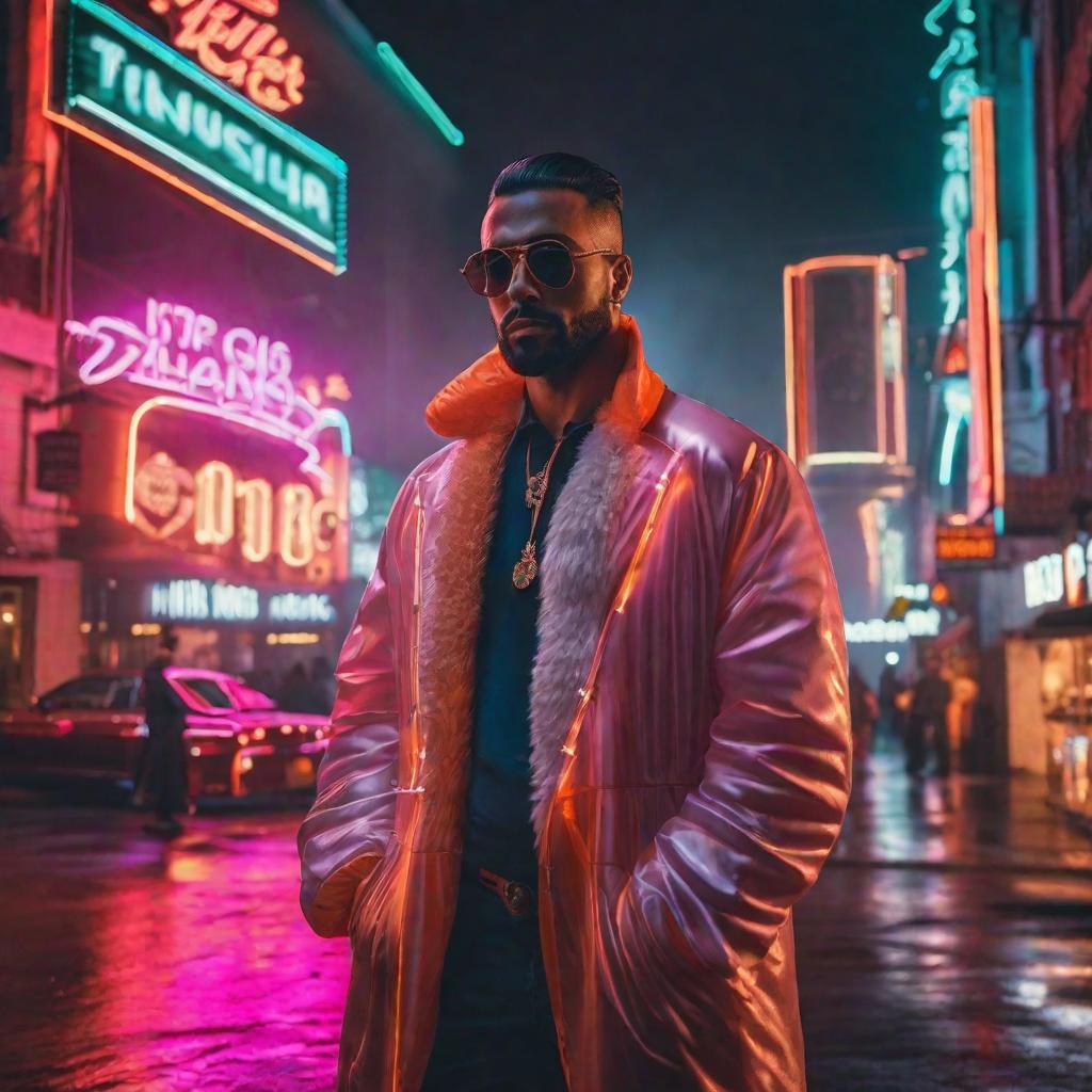  ciudad neon hyperrealistic, full body, detailed clothing, highly detailed, cinematic lighting, stunningly beautiful, intricate, sharp focus, f/1. 8, 85mm, (centered image composition), (professionally color graded), ((bright soft diffused light)), volumetric fog, trending on instagram, trending on tumblr, HDR 4K, 8K