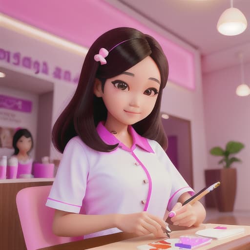  Cute Thai girl painting nail of a customer in a nail salon with warm pink and white lighting, high details, bright colours