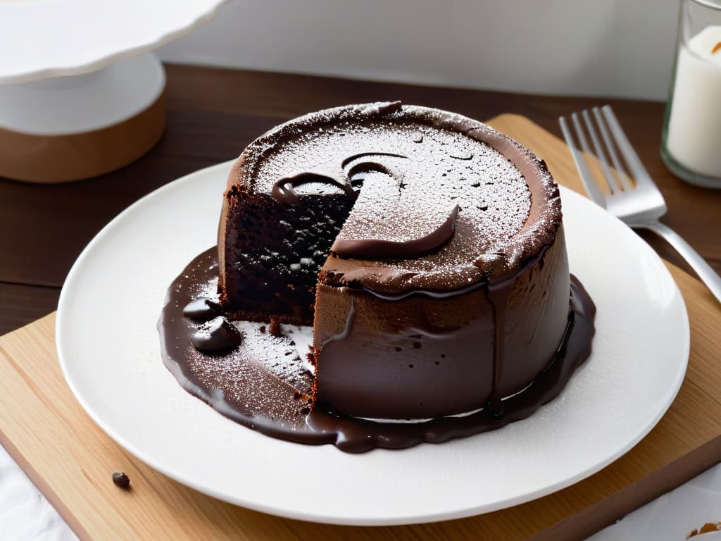  A closeup, photorealistic image of a decadent chocolate lava cake being sliced open, revealing a gooey, molten center oozing out onto a pristine white plate. The rich, glossy chocolate contrasts beautifully with the stark white background, showcasing the perfect balance of creamy and crunchy textures in experimental pastry. The cake's surface is delicately dusted with cocoa powder, and the molten center glistens invitingly under soft, natural lighting, creating a visually striking and appetizing composition. hyperrealistic, full body, detailed clothing, highly detailed, cinematic lighting, stunningly beautiful, intricate, sharp focus, f/1. 8, 85mm, (centered image composition), (professionally color graded), ((bright soft diffused light)), volumetric fog, trending on instagram, trending on tumblr, HDR 4K, 8K