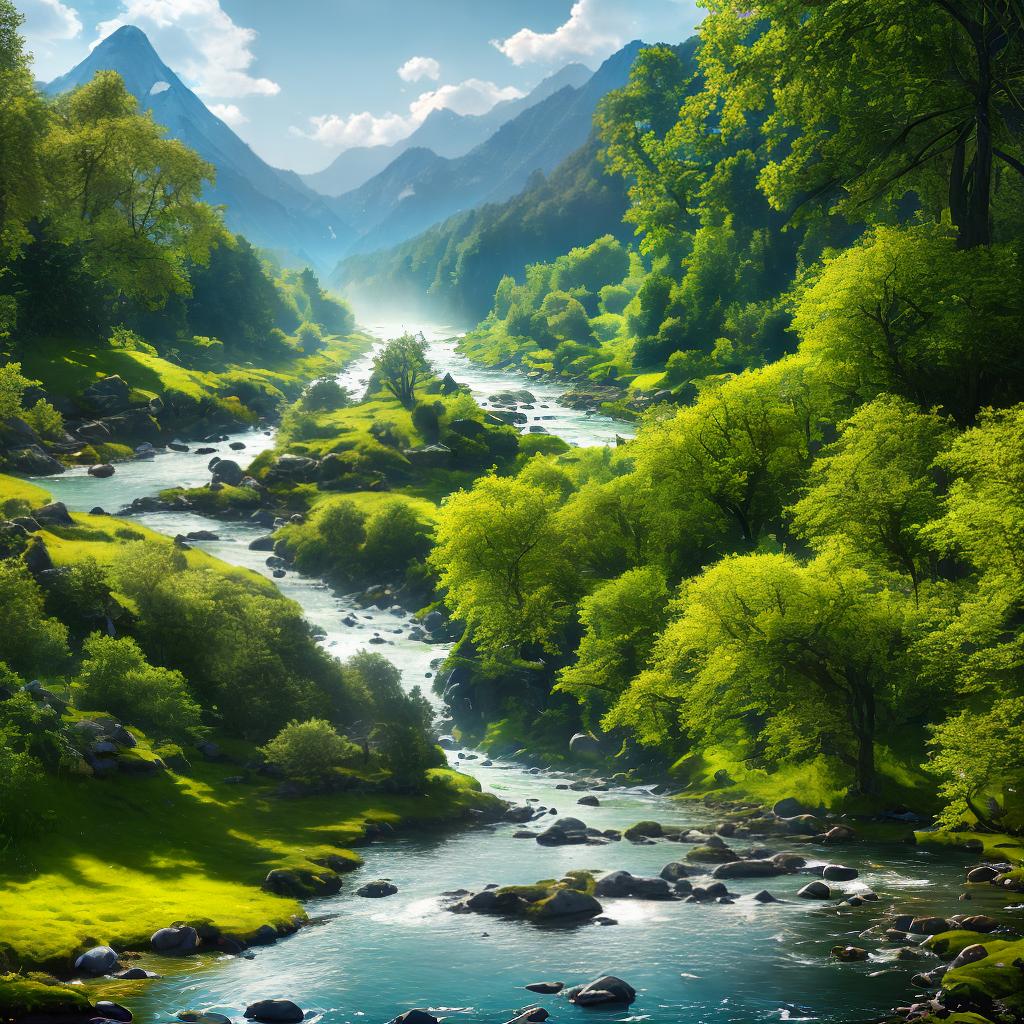  ((masterpiece)),(((best quality))), 8k, high detailed, ultra-detailed. A tranquil scene of a flowing river in a serene landscape. The river meanders through lush green meadows, dotted with wildflowers of various colors. Majestic snow-capped mountains rise in the distance, creating a breathtaking backdrop. A graceful swan glides gracefully across the sparkling waters, leaving a trail of ripples behind. The sunlight filters through the trees, casting dappled shadows on the riverbanks. hyperrealistic, full body, detailed clothing, highly detailed, cinematic lighting, stunningly beautiful, intricate, sharp focus, f/1. 8, 85mm, (centered image composition), (professionally color graded), ((bright soft diffused light)), volumetric fog, trending on instagram, trending on tumblr, HDR 4K, 8K