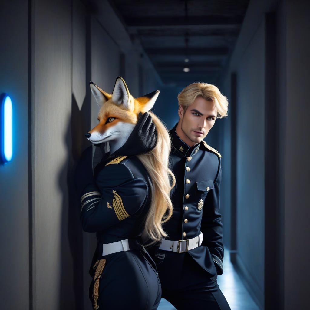  A realistically beautiful man a blonde with fox ears, long hair, yellow eyes, and pants, leaning against a wall in a black military uniform, well lit corridor with soft blue spotlights, clear focus, bright, sharp eyes, well drawn details, bright, living eyes, a beautiful portrait illustration, portrait in the style of fantasy, blue and white flashes, bright colors, bright eyes, fantastic art, intricate design, super detailed, clear focus, 8k, high resolution, elegant. hyperrealistic, full body, detailed clothing, highly detailed, cinematic lighting, stunningly beautiful, intricate, sharp focus, f/1. 8, 85mm, (centered image composition), (professionally color graded), ((bright soft diffused light)), volumetric fog, trending on instagram, trending on tumblr, HDR 4K, 8K