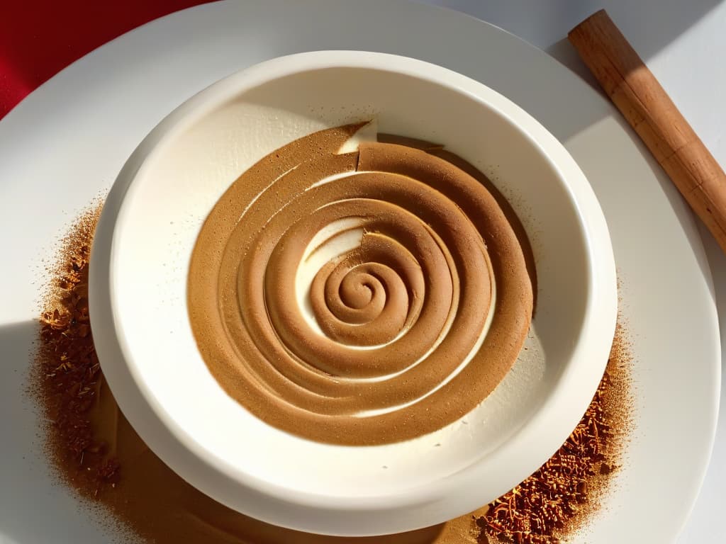  A closeup, ultrahighresolution image of a pristine white bowl filled with creamy and smooth Colombian natilla. The surface is adorned with a delicate sprinkle of ground cinnamon forming an intricate spiral pattern, adding a touch of elegance to the traditional dessert. The natilla glistens under soft, natural lighting, showcasing its velvety texture and inviting appearance. The simplicity of the composition highlights the purity and richness of this classic Colombian treat, making it a visually captivating addition to the article on traditional natilla colombiana. hyperrealistic, full body, detailed clothing, highly detailed, cinematic lighting, stunningly beautiful, intricate, sharp focus, f/1. 8, 85mm, (centered image composition), (professionally color graded), ((bright soft diffused light)), volumetric fog, trending on instagram, trending on tumblr, HDR 4K, 8K