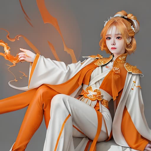  Character Sheet, Goddess, Fire Goddess, Young Woman, Short Blonde Fire Hair, Hair on Fire, Orange Eyes, White long tailcoat accented by Orange, White knee-high boots accented by orange, Grey Leggings, Anime, Fantasy, Futuristic, Modern